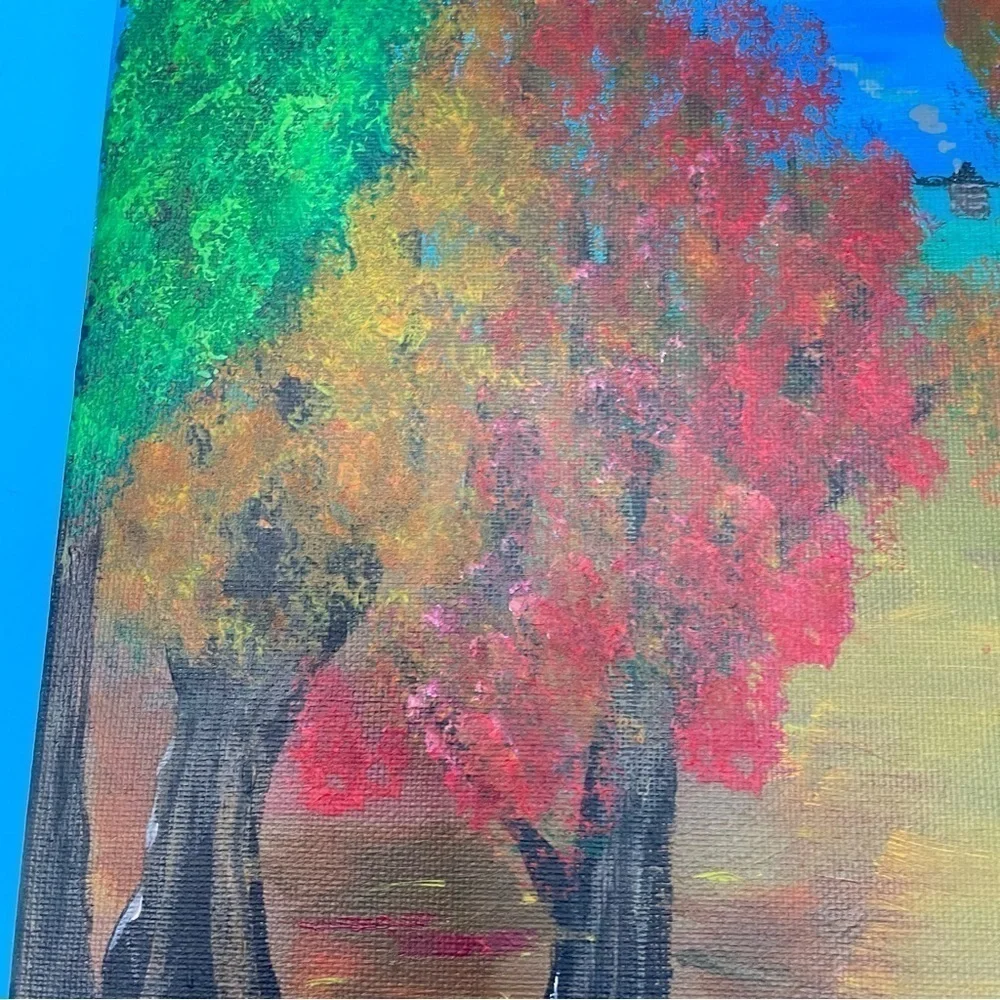 Original acrylic painting of a tree-lined path through the woods to a log cabin